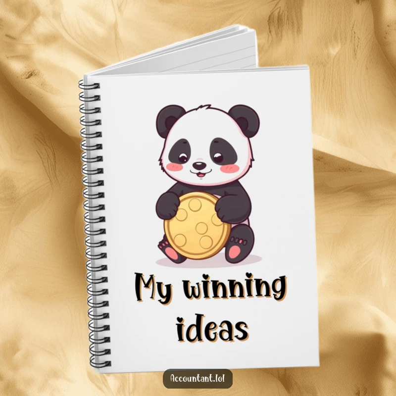Funny panda notebook with a playful panda bouncing a coin, perfect for jotting down ideas and plans.