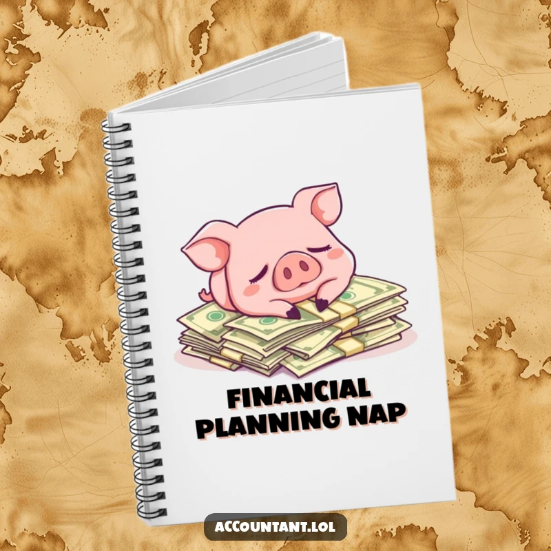 Funny notebook cover with a pig sleeping on dollar bills, perfect for jotting down funny ideas and financial plans.