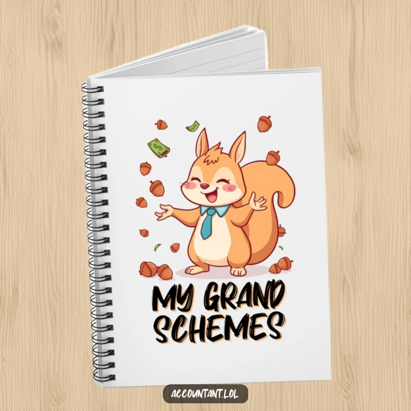 Funny squirrel accountant juggling acorns like currency, looking joyful, ideal for humorous note-taking.