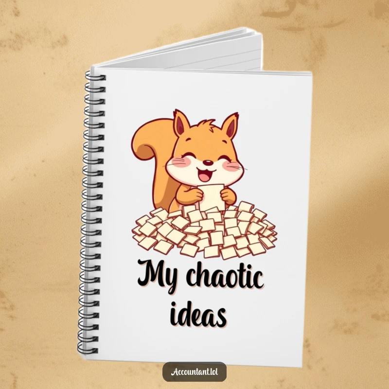 Funny squirrel notebook, a delighted squirrel sorting tiny paper slips, perfect for journaling and note-taking.