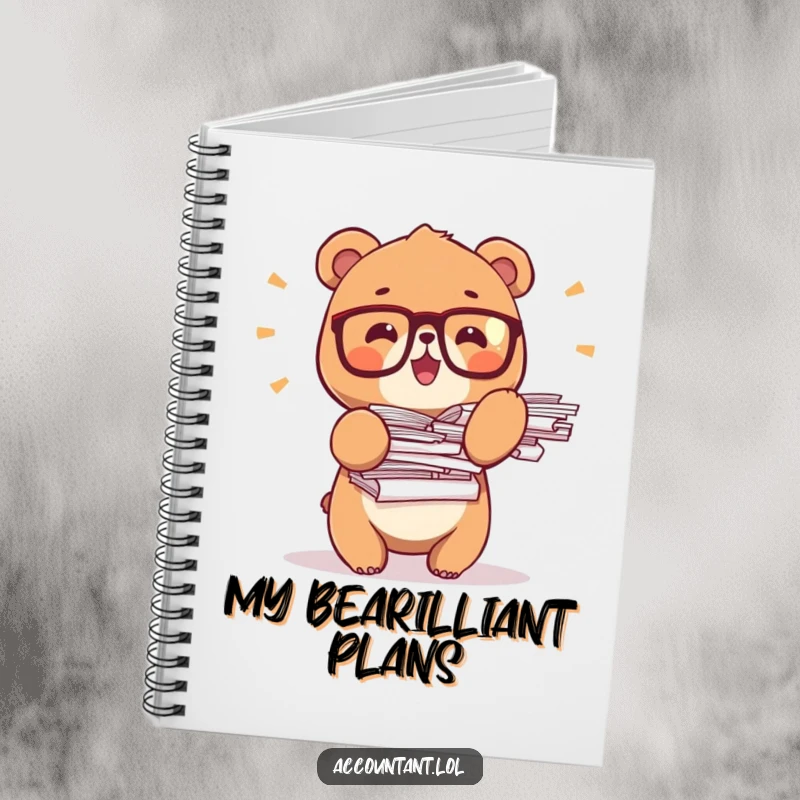 Funny bear office notebook, a tiny bear in glasses, balancing stacks of papers, perfect for writing and planning.