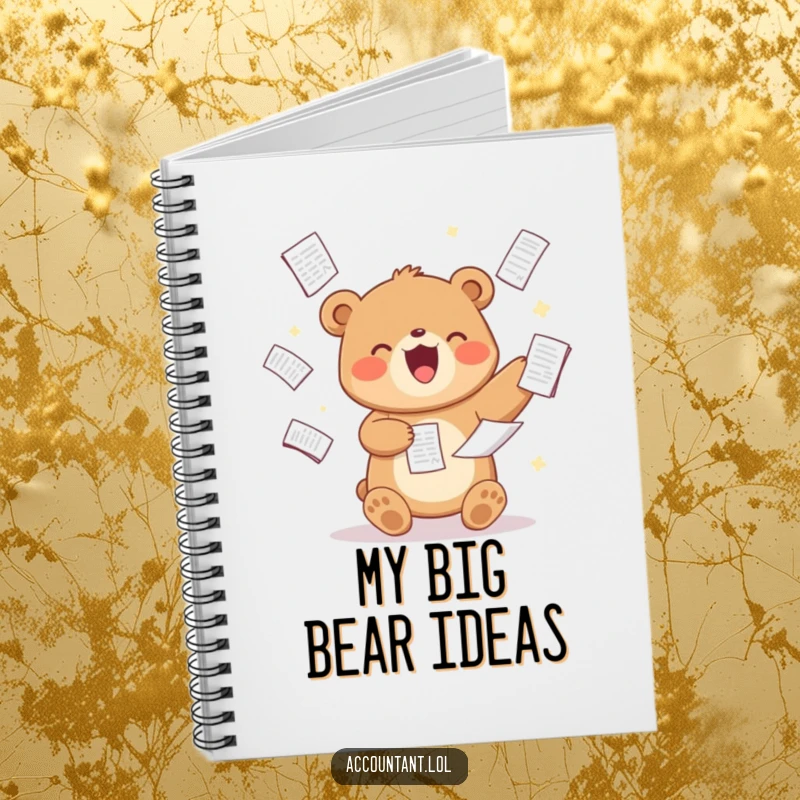 Funny Bear Analyst Notebook, a cute bear, juggling spreadsheets, great for notes and project planning, a funny gift.
