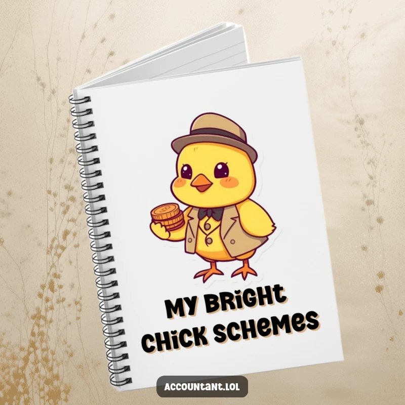 Funny cheerful yellow chick in a tiny suit balancing coins on its beak, on the cover of a financial notebook.