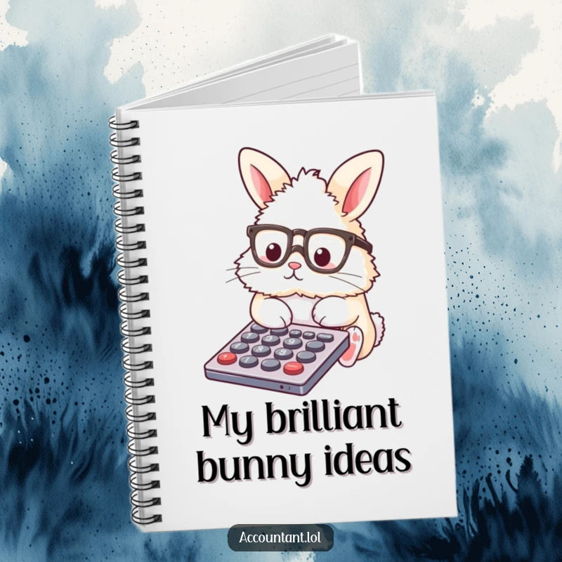 Funny Notebook with a fluffy bunny in glasses using a calculator, designed for note-taking and humor.