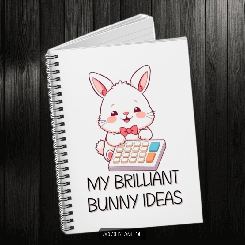 Funny bunny accountant notebook, fluffy rabbit in a bowtie, joyfully using a calculator, perfect for writing and planning.