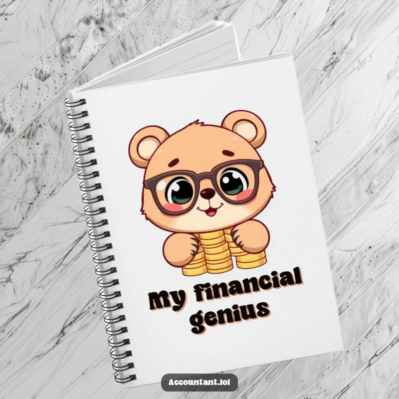 Funny notebook with a cute bear cub in glasses, stacking coins, perfect for jotting down financial plans and humorous insights.