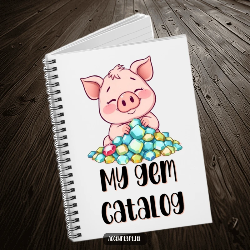 Funny smiling pig counting a pile of sparkling gems, a humorous notebook for capturing valuable thoughts.
