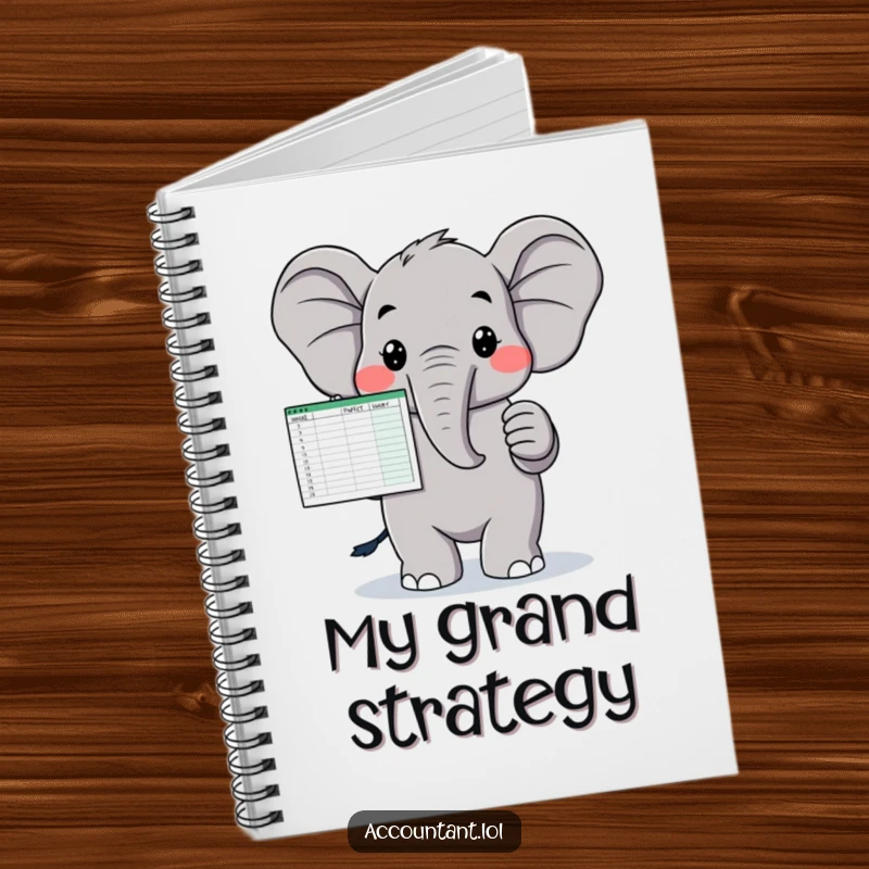 Funny notebook cover with a proud elephant holding a spreadsheet, designed for funny note-taking and organization.