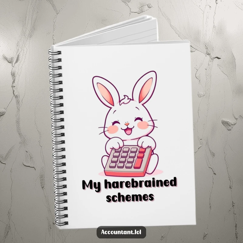 Funny Bunny Bookkeeper Notebook, a cheerful bunny, smiling, using a calculator, great for notes and planning, a funny gift.
