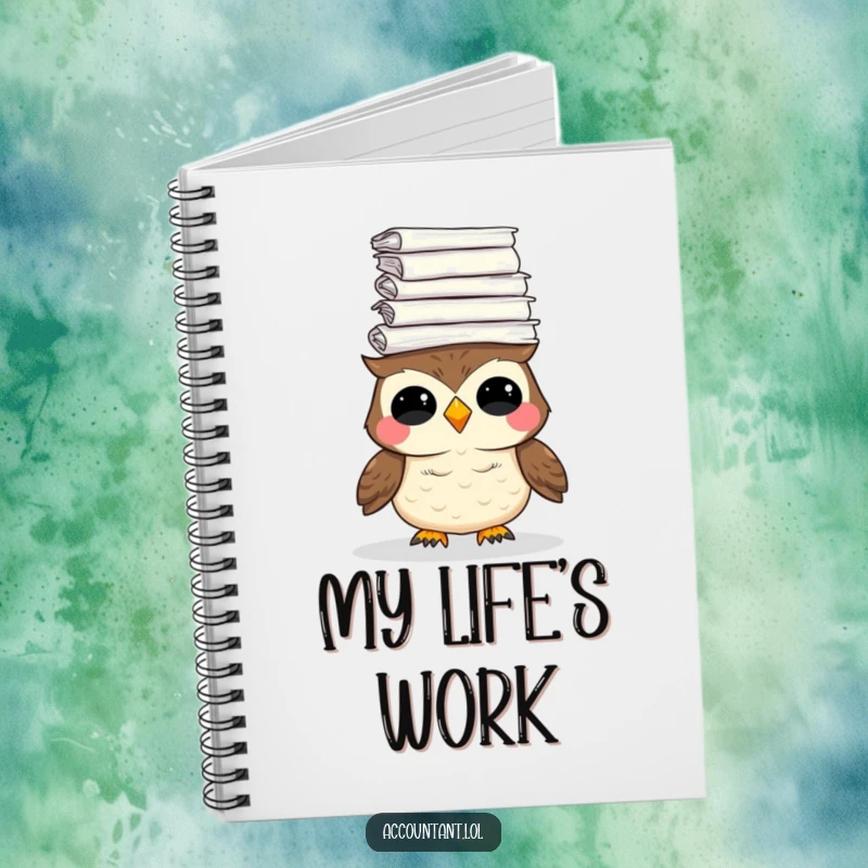Funny notebook with a giggling owl balancing a stack of paper, ideal for note-taking and humorous reminders.
