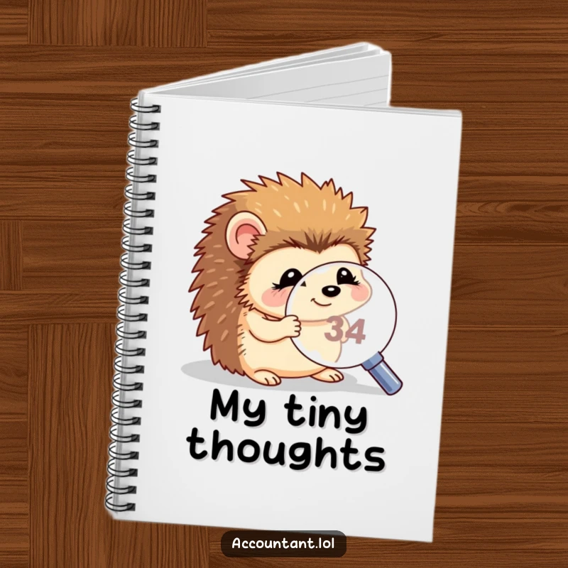 Funny hedgehog magnifying notebook, a giggling hedgehog looking through a magnifying glass at a tiny number, perfect for notes.