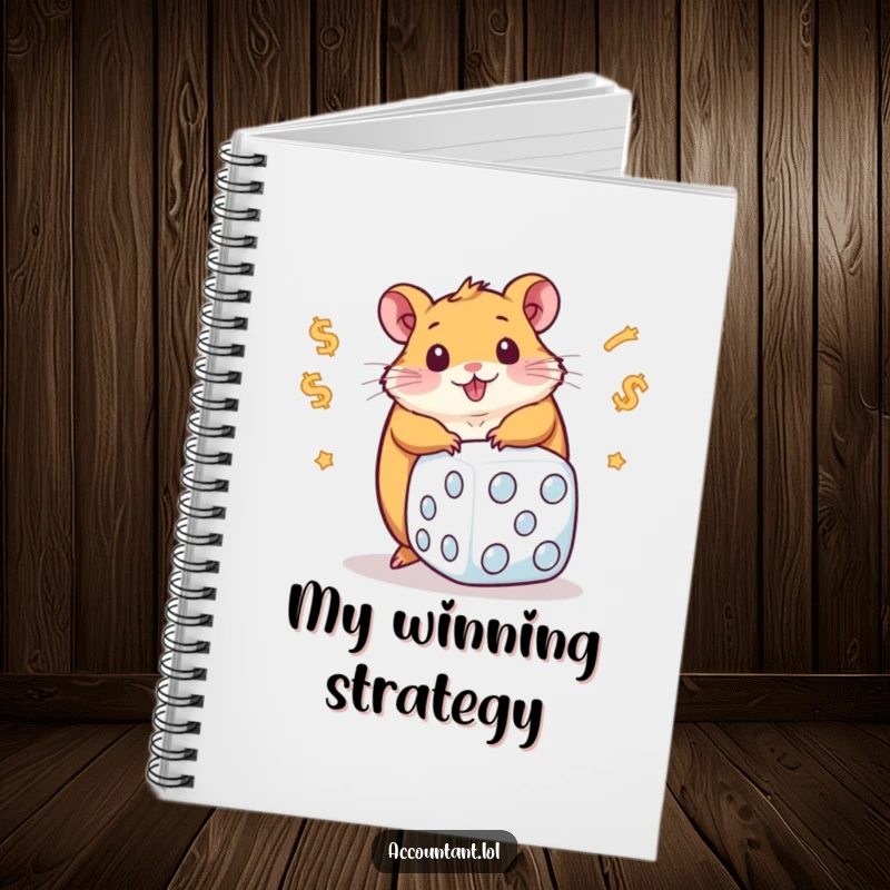 Funny notebook featuring a chubby hamster mid-roll with a giant dice full of dollar signs, sparking creativity and humor.
