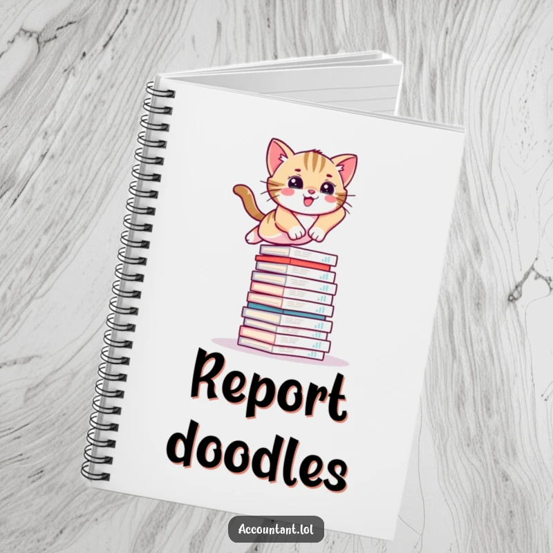 Funny notebook featuring an agile kitten leaping over financial reports, perfect for jotting down inspired ideas.