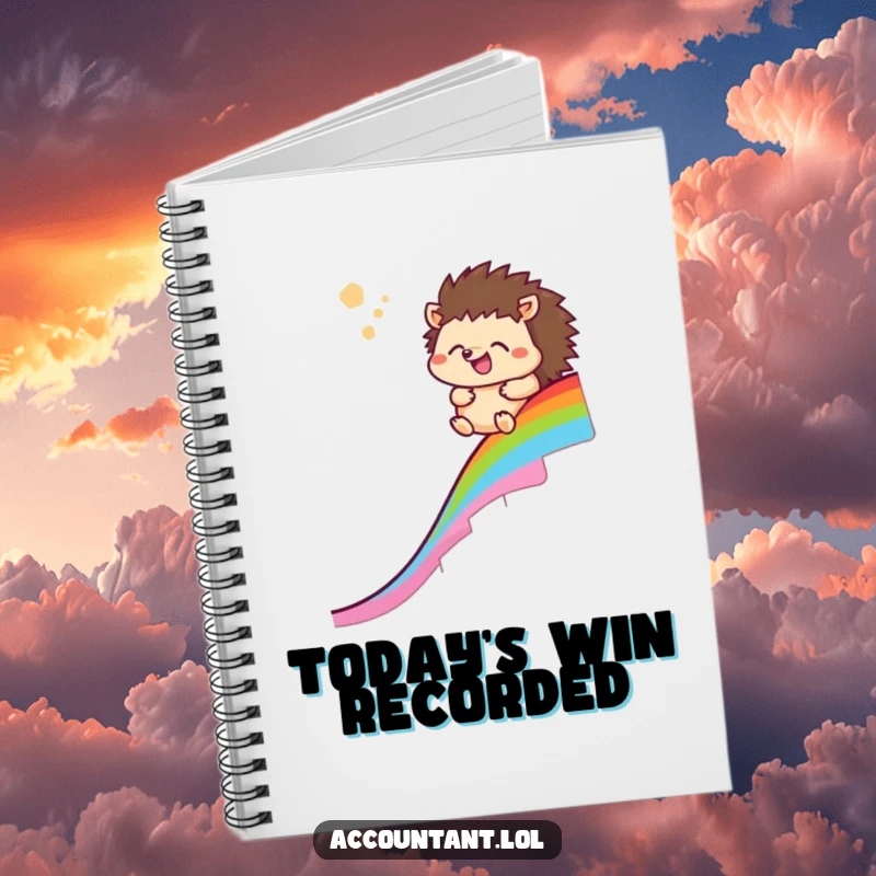 Funny hedgehog notebook with a happy hedgehog sliding down a rainbow chart, designed for jotting down thoughts humorously.