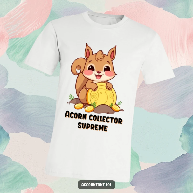 Funny delighted squirrel burying a large golden coin with pure joy, a humorous t-shirt for collectors.