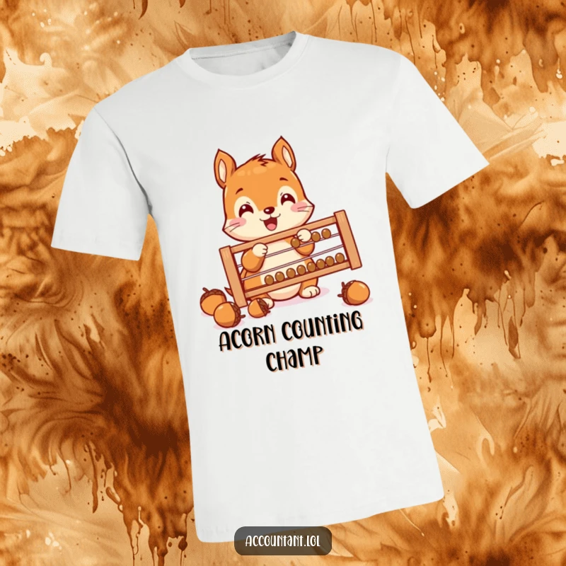 Funny Squirrel Saver T-Shirt, a tiny squirrel, excitedly counting acorns with an abacus, adorable and humorous, great for savers.