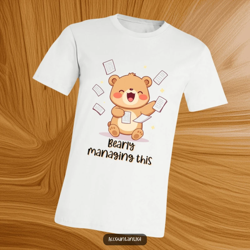 Funny Bear Analyst T-Shirt, a cute bear, juggling spreadsheets with a delighted expression, humorous and relatable, great gift.