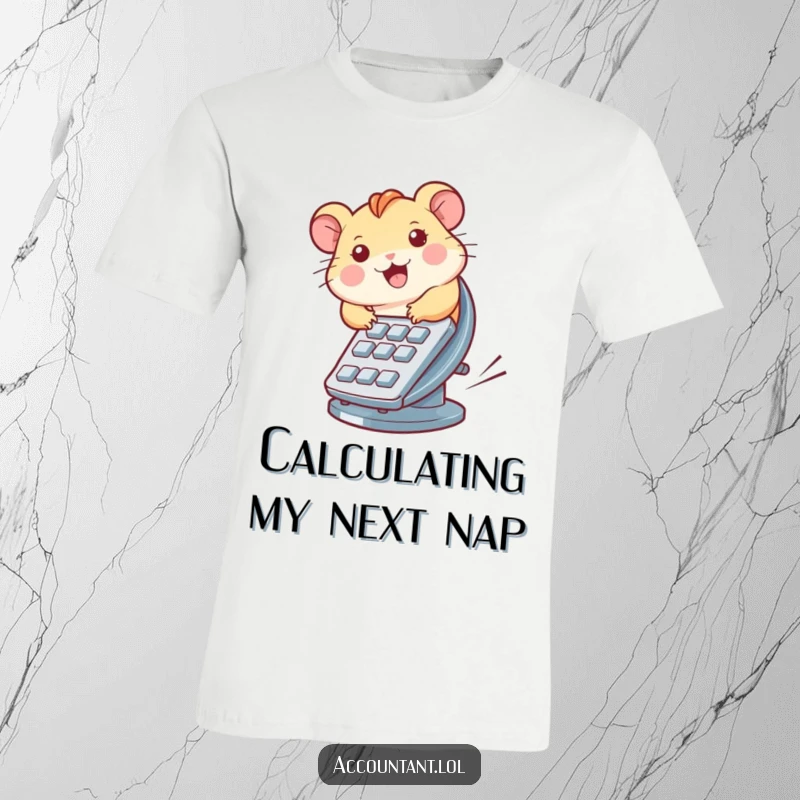 Funny t-shirt featuring a determined hamster sprinting on a spinning calculator wheel, perfect for a funny, motivational gift.