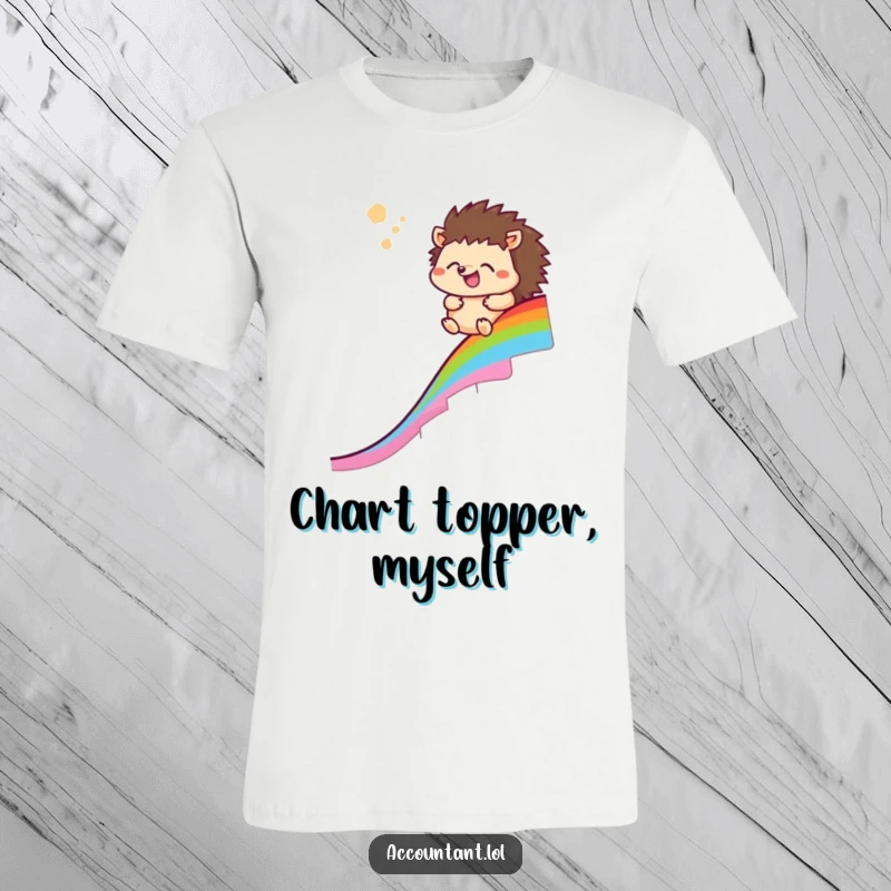 Funny hedgehog t-shirt featuring a joyful hedgehog sliding down a rainbow chart, symbolizing achievement and relief.