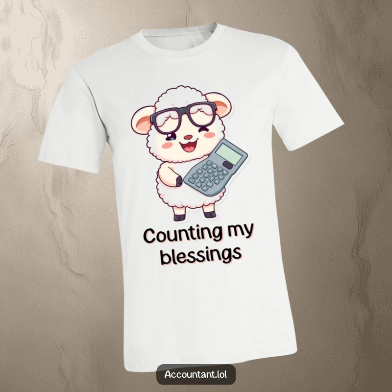 Funny fluffy sheep character wearing glasses, clutching a massive calculator, grinning widely, embodying accounting humor.