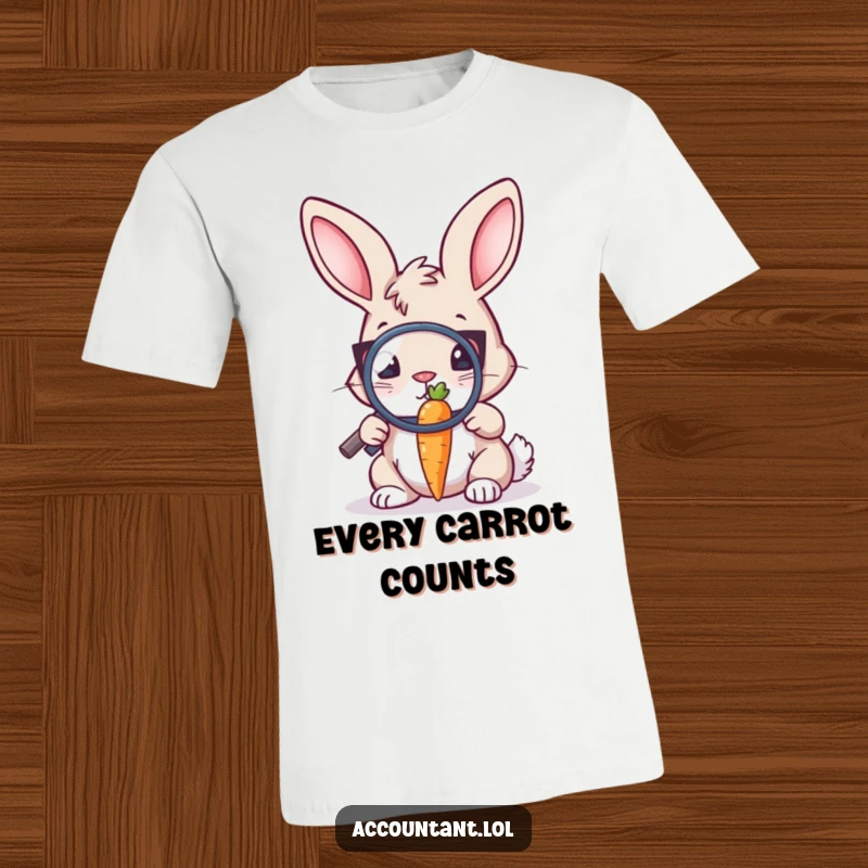 Funny Bunny Auditor T-Shirt: A dedicated bunny auditor peers intently through a magnifying glass at a minuscule carrot.