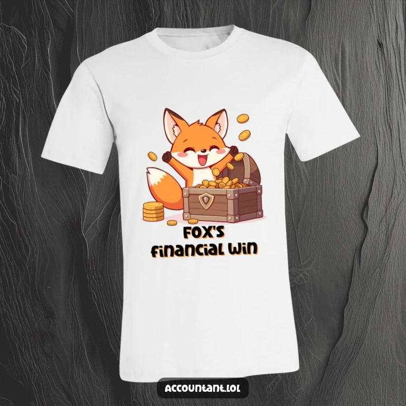 Funny fox treasure t-shirt, an energetic fox in a triumphant pose, joyfully tossing shiny coins into a chest full of gold.
