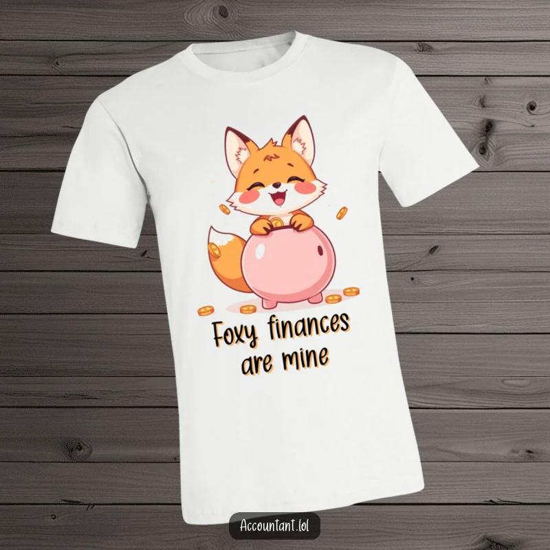 Funny T-Shirt featuring a cheerful fox cub tossing coins into a piggy bank, a playful finance theme.