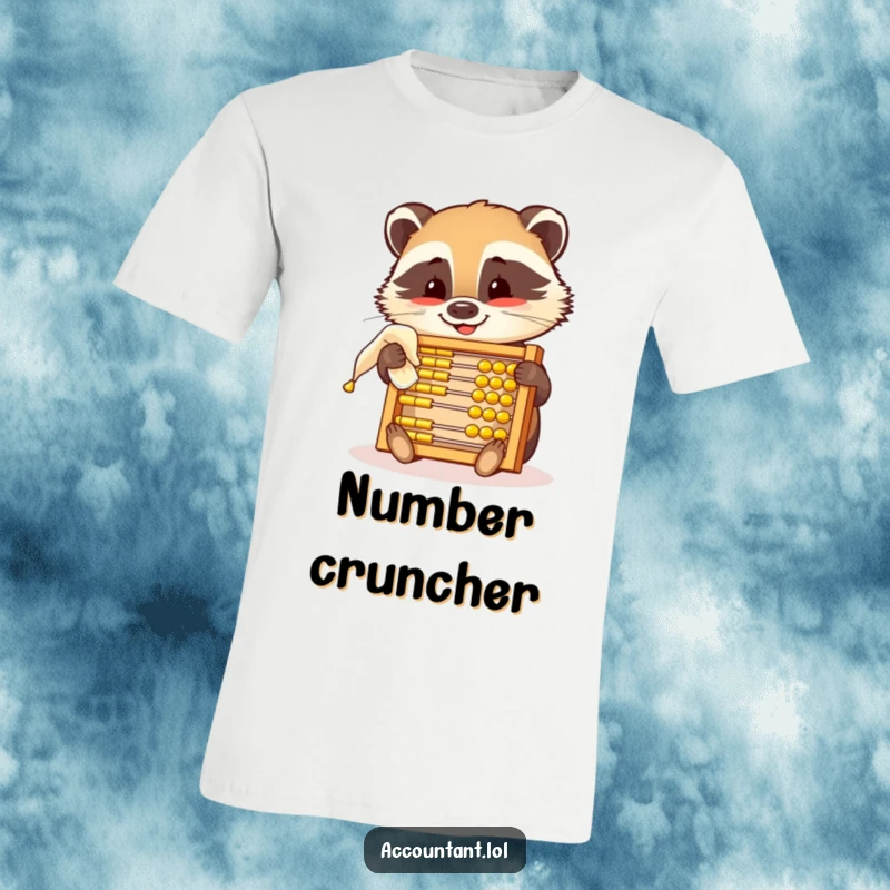 Funny t-shirt with a smiling badger polishing a golden abacus, humorously depicting a passion for calculations and neatness.