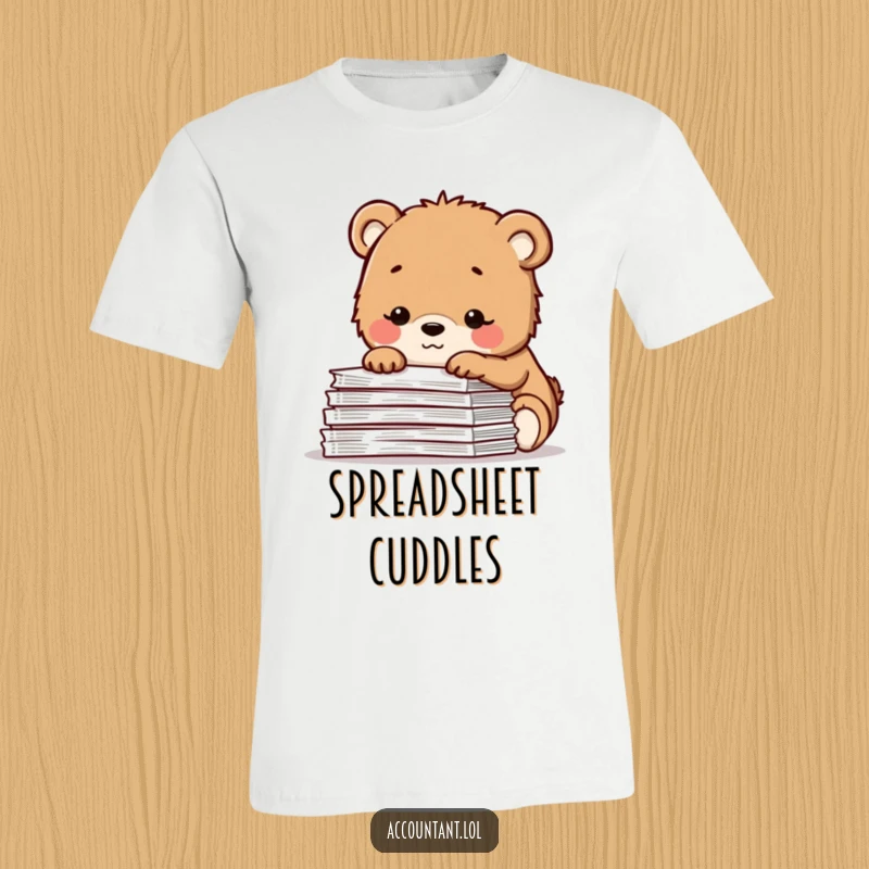 Funny t-shirt featuring a contented bear cub with a gentle smile, looking over a large pile of spreadsheets, conveying peaceful work enjoyment.