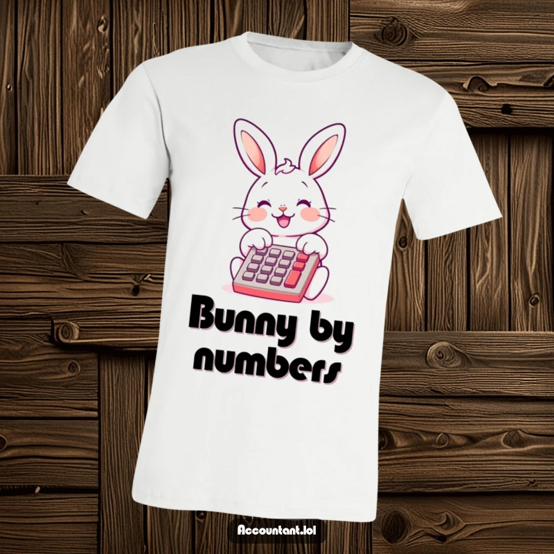 Funny Bunny Bookkeeper T-Shirt, a cheerful bunny, smiling, tapping a calculator, adorable and humorous, great for finance lovers.