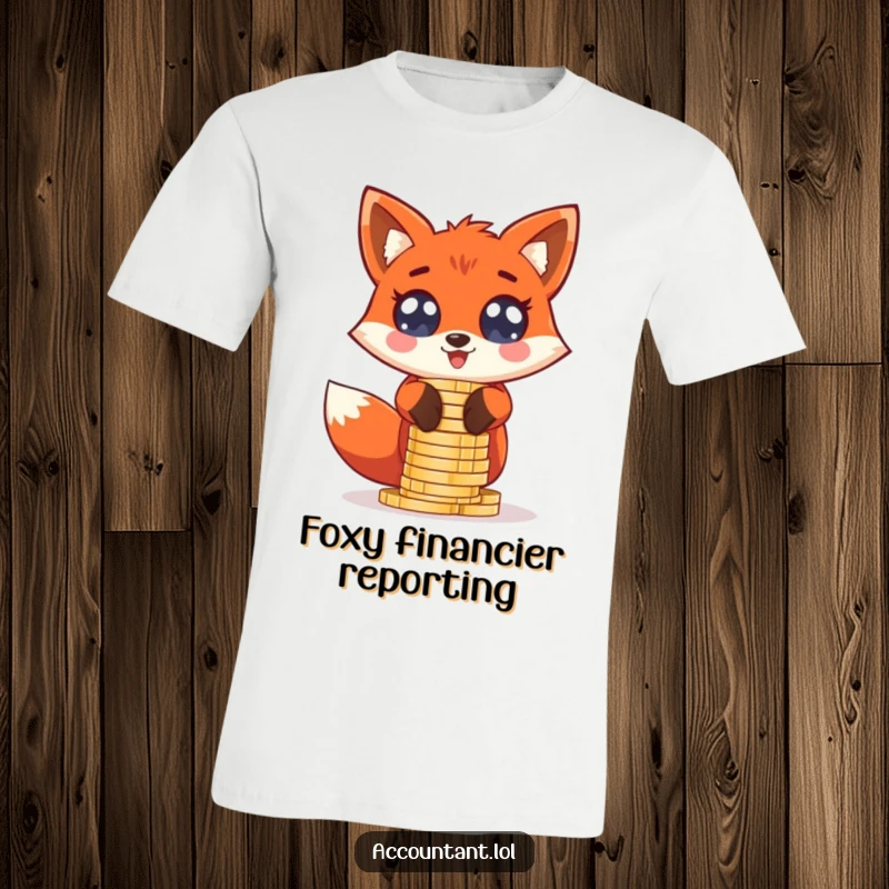 Funny giddy red fox stacking oversized coin stacks with wide, excited eyes, printed on a t-shirt.