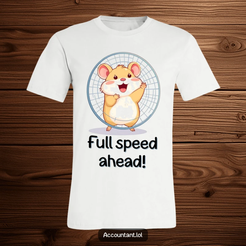 Funny happy hamster joyfully spinning a large office fan with its entire body on a comfortable t-shirt.