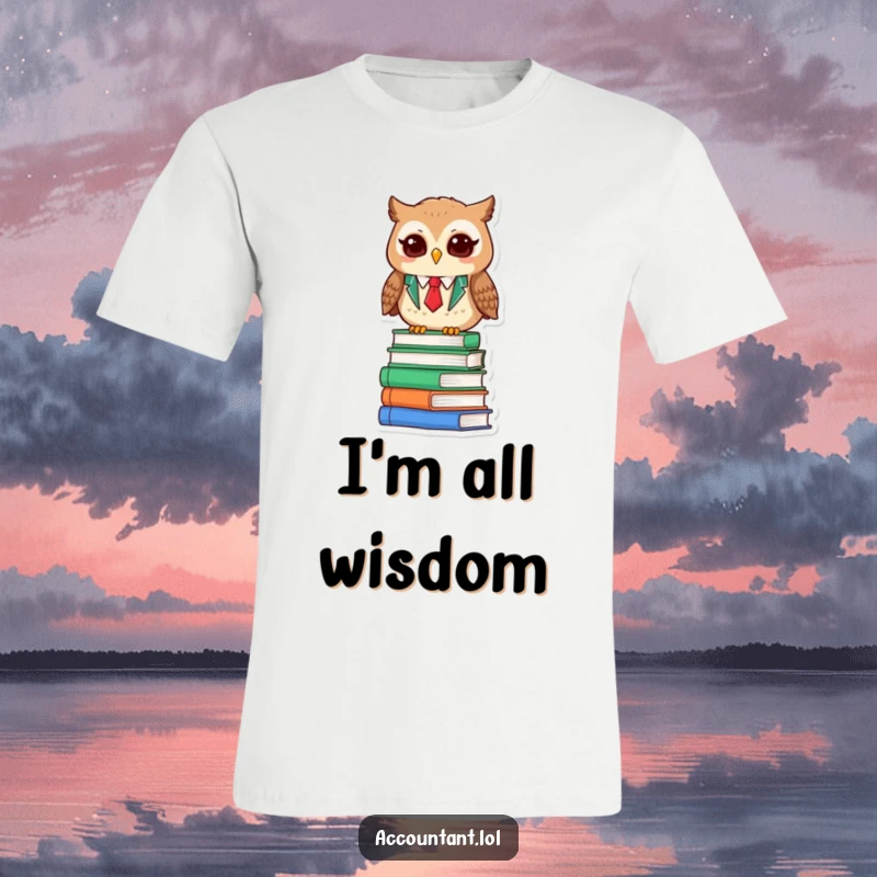 Funny Owl Accountant T-Shirt: A satisfied owl accountant blinks with wisdom from a perch on stacked books.