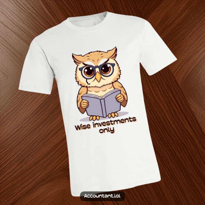 Funny owl scholar t-shirt, a cute owl in a monocle, peering thoughtfully at a ledgerbook, embodying academic sophistication.