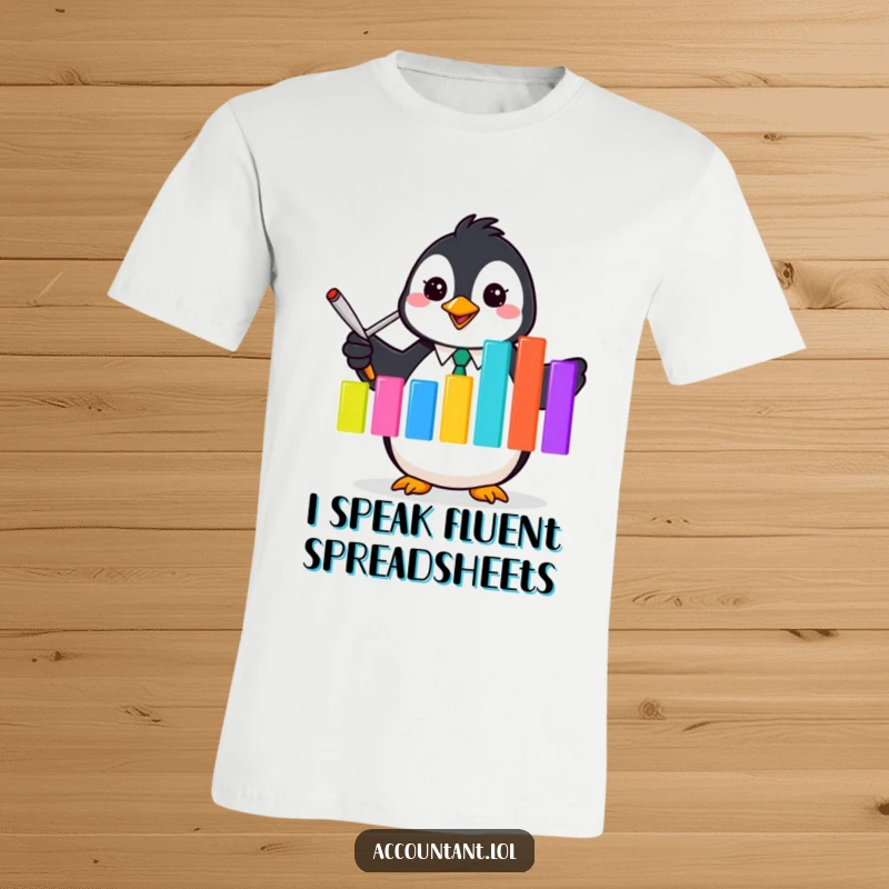 Funny Penguin Accountant T-Shirt: A cheerful penguin accountant uses a flipper to highlight key data on a colorful bar graph.