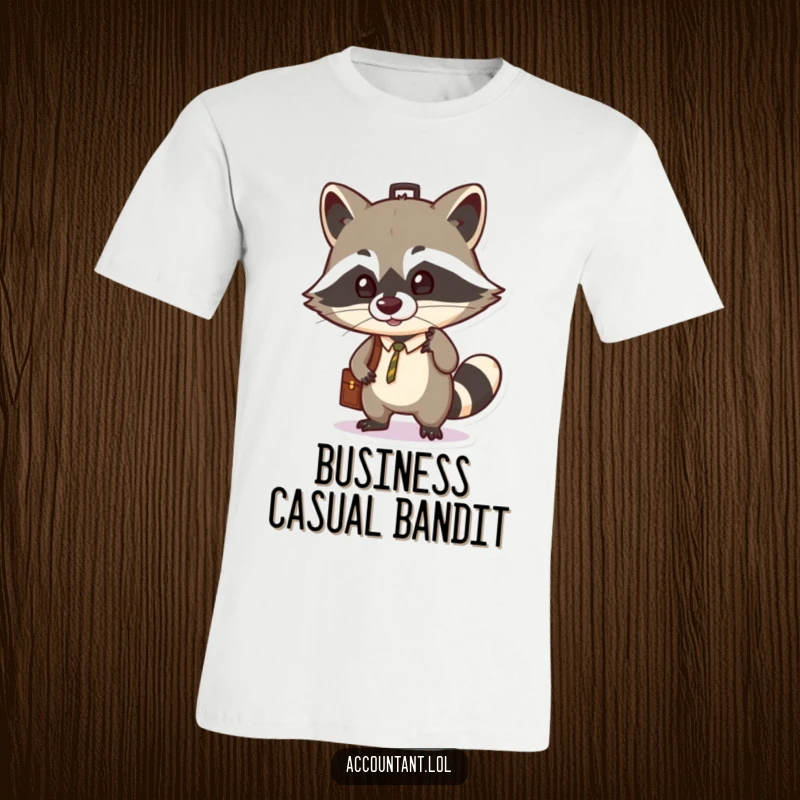 Funny t-shirt depicting a mischievous raccoon with a briefcase perfectly balanced on its nose, representing cleverness and wit.