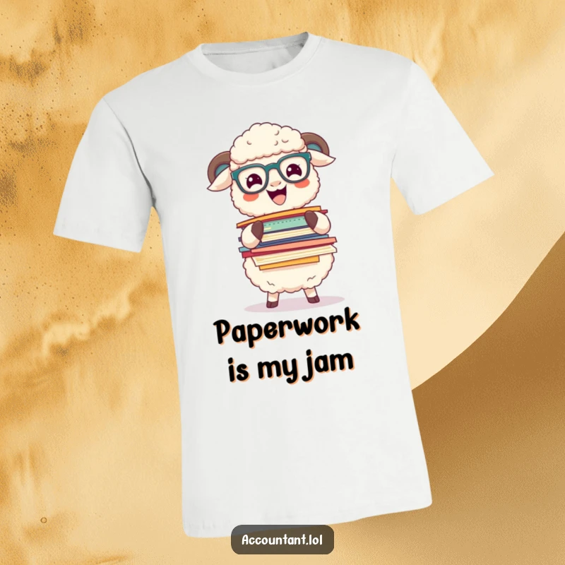 Funny fluffy sheep with glasses excitedly balancing a massive stack of colorful papers on a t-shirt, perfect for office humor.