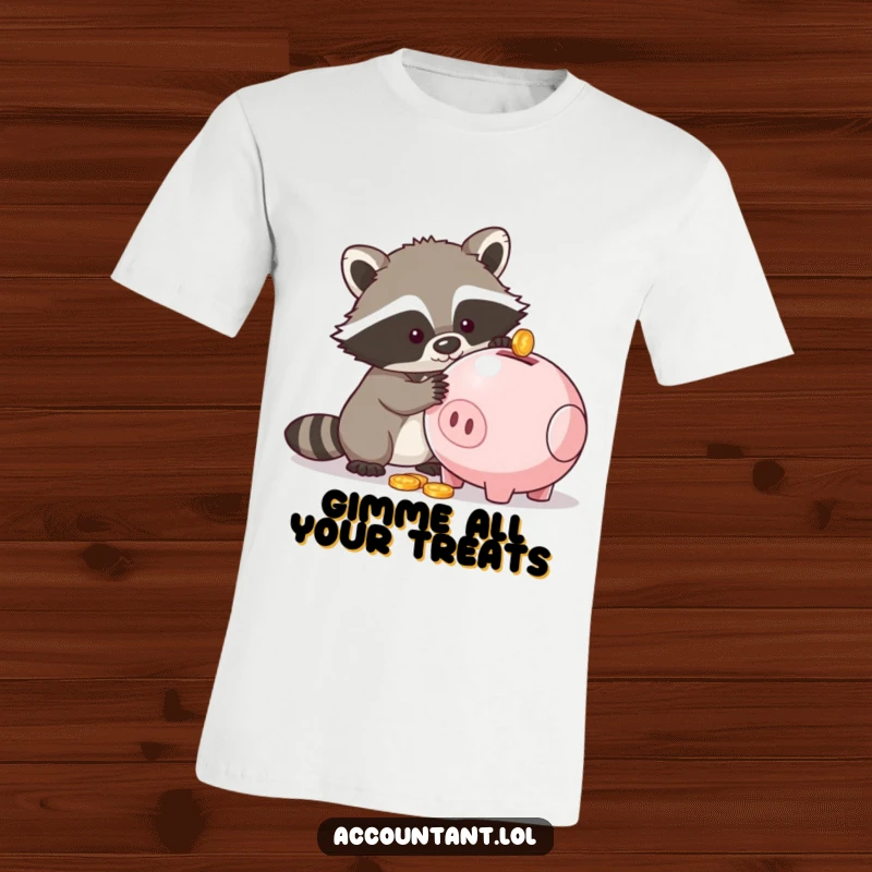 Funny t-shirt depicting a sneaky raccoon trying to get coins from a piggy bank, great for a funny, relatable gift.