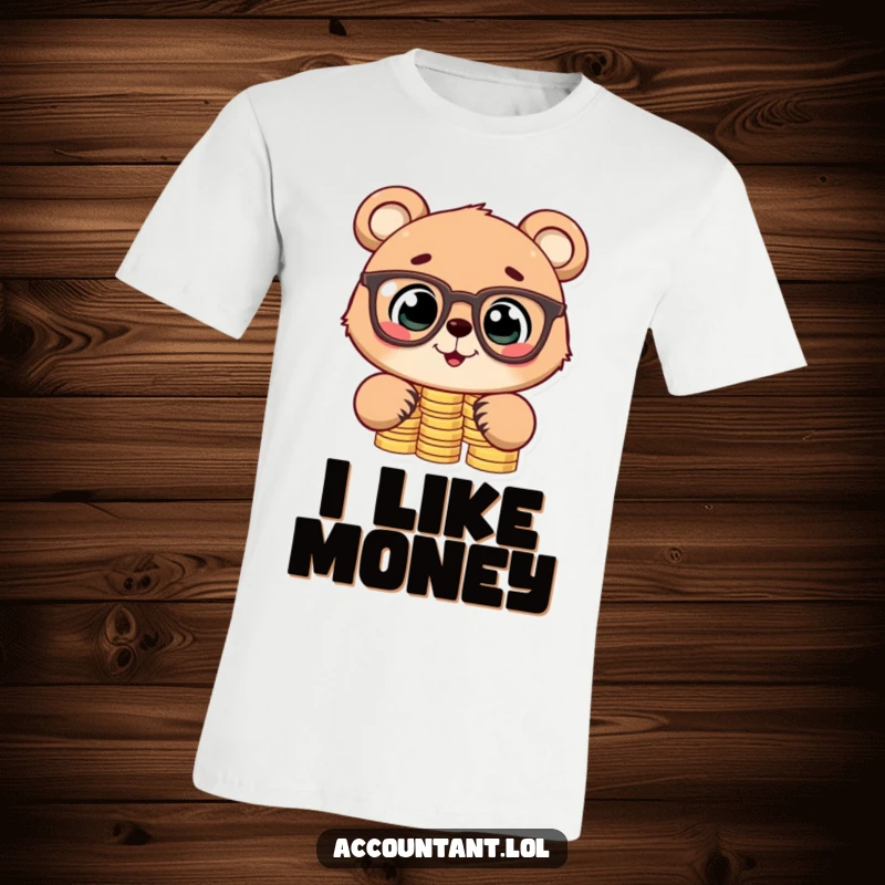 Funny t-shirt featuring a cute bear cub wearing glasses, joyfully stacking coins, symbolizing financial growth with a humorous, charming appeal.