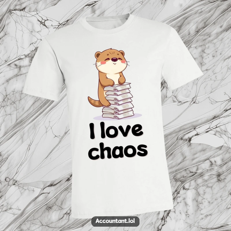 Funny otter t-shirt, a playful otter winking while balancing a teetering pile of receipts, ideal for finance humor.