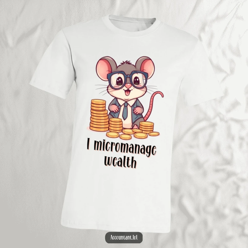 Funny mouse accountant wearing big glasses, joyfully sorting small piles of coins, embodying financial fun.