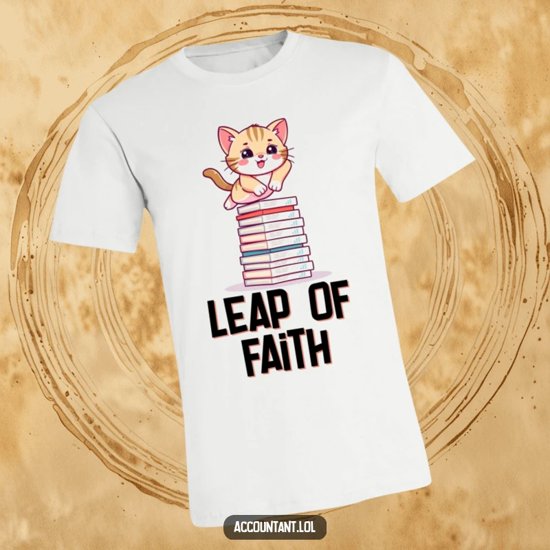 Funny t-shirt with an energetic kitten mid-leap over a tall stack of financial documents, capturing playful defiance.