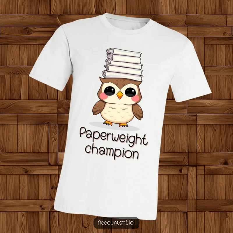 Funny t-shirt with a giggling owl balancing a towering stack of paper, representing a humorous take on being overwhelmed yet cheerful.