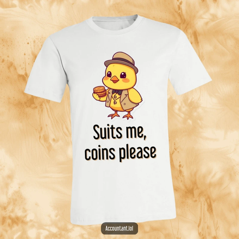 Funny cheerful yellow chick in a tiny suit balancing coins on its beak, printed on a t-shirt.