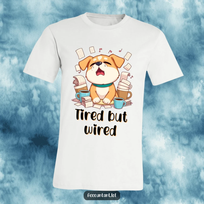 Funny sleepy dog yawning widely, surrounded by overflowing coffee cups and paperwork on a comfortable t-shirt.