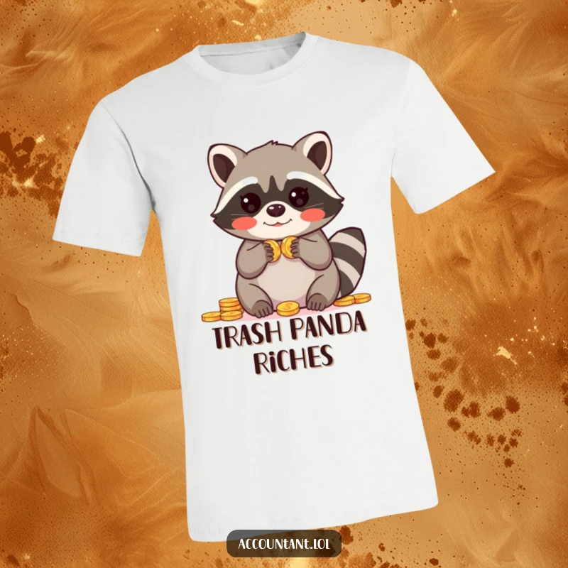 Funny t-shirt with a blushing raccoon holding its paws up in sheer amazement while counting a hoard of coins.