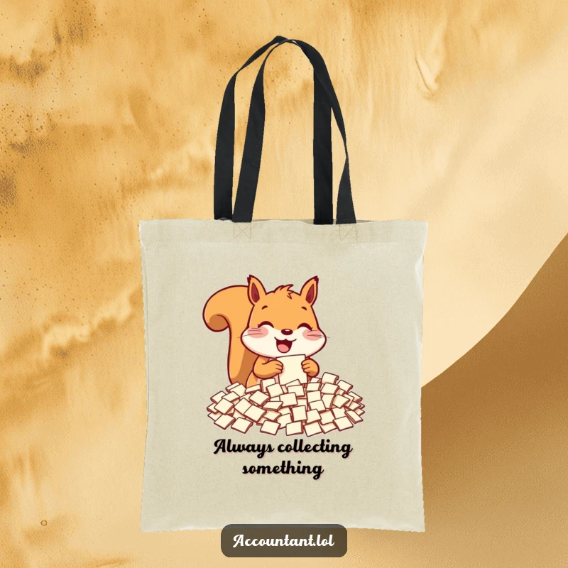Funny squirrel tote bag, a delighted squirrel sorting small paper slips, humorous and practical accessory.
