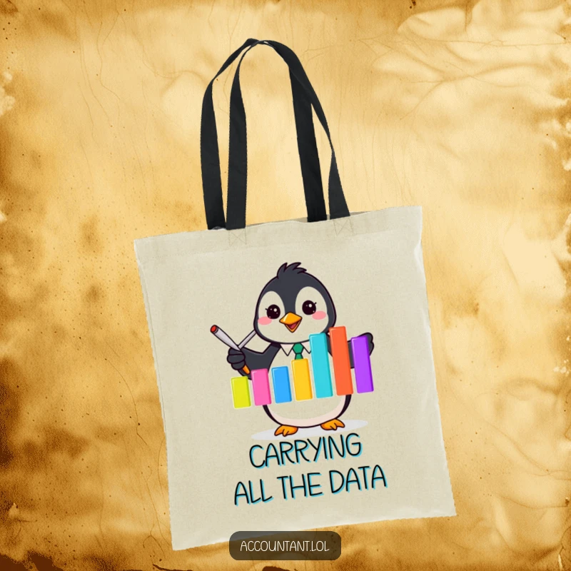 Funny Penguin Accountant Tote Bag: A cute penguin accountant proudly presents a colorful bar graph, ready for errands.