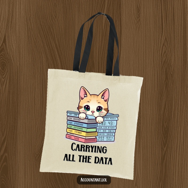 Funny curious cat behind growing financial charts, a stylish and humorous tote bag for carrying essentials with a smile.