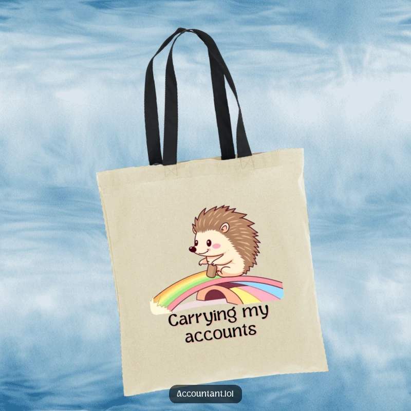 Funny tote bag showing a happy hedgehog pushing a large ledger across a vibrant rainbow bridge, a charming accessory for essentials.